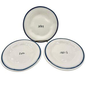 Vintage Rae Dunn Artisan Set of 3 Plates DINE SNACK SAVOR 6 inch White Blue Trim